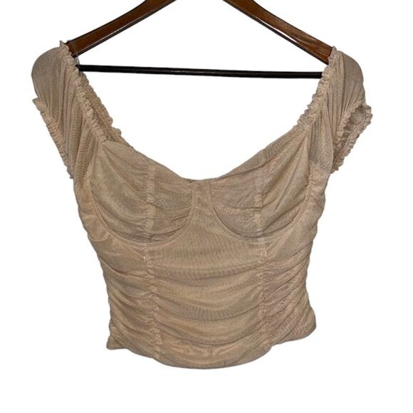 Tops - Women's Just Polly Tan Ruched Sweetheart Neckline Puff Sleeve Top